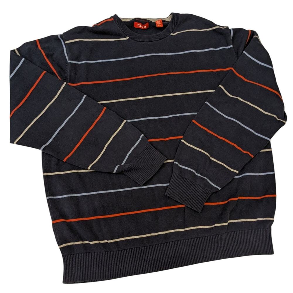 IZOD Sweater Womens XL Black Striped Crewneck Pullover Casual Knit Long Sleeve